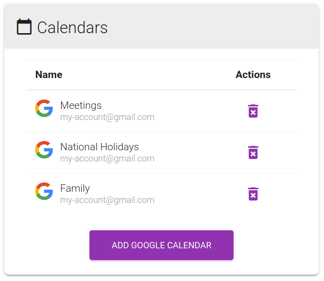 Screenshot of the dashboard calendars panel