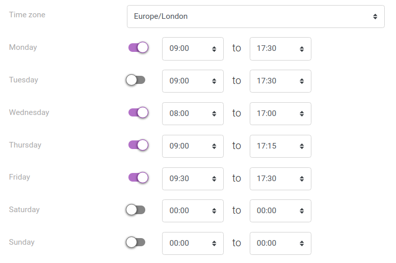 Screenshot of the schedule working hours panel