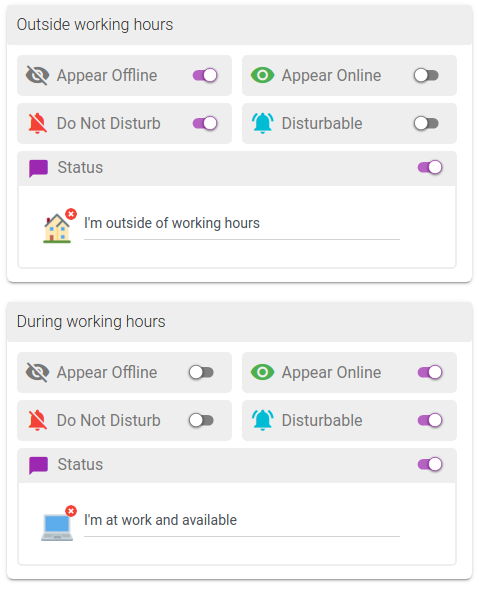 Screenshot of the schedule working hours panel