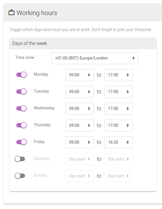 Set your working hours for each day of the week