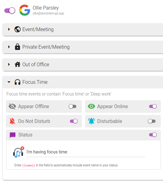 Configure the Focus Time events for the calendar