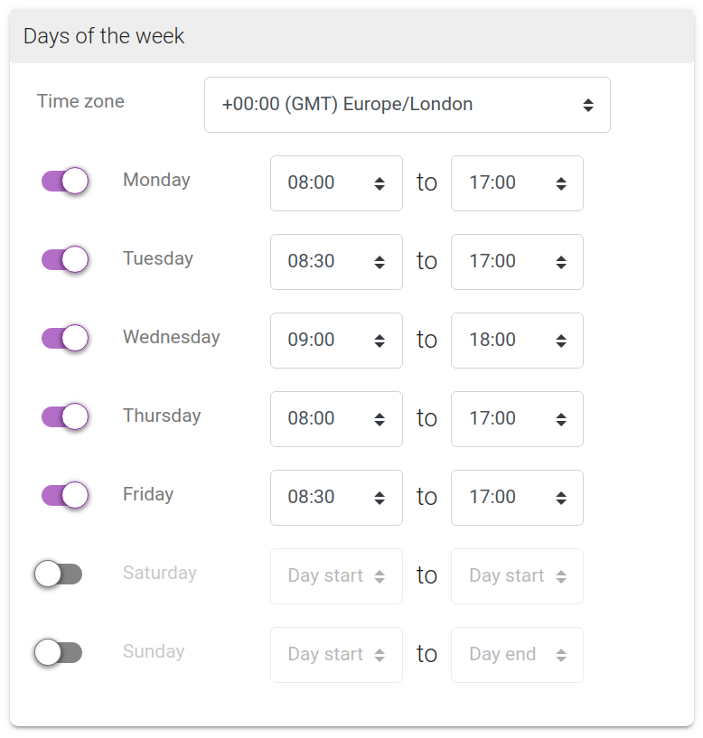 Screenshot of the schedule working hours panel