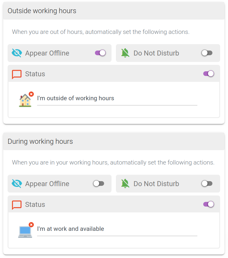 Screenshot of the schedule working hours panel