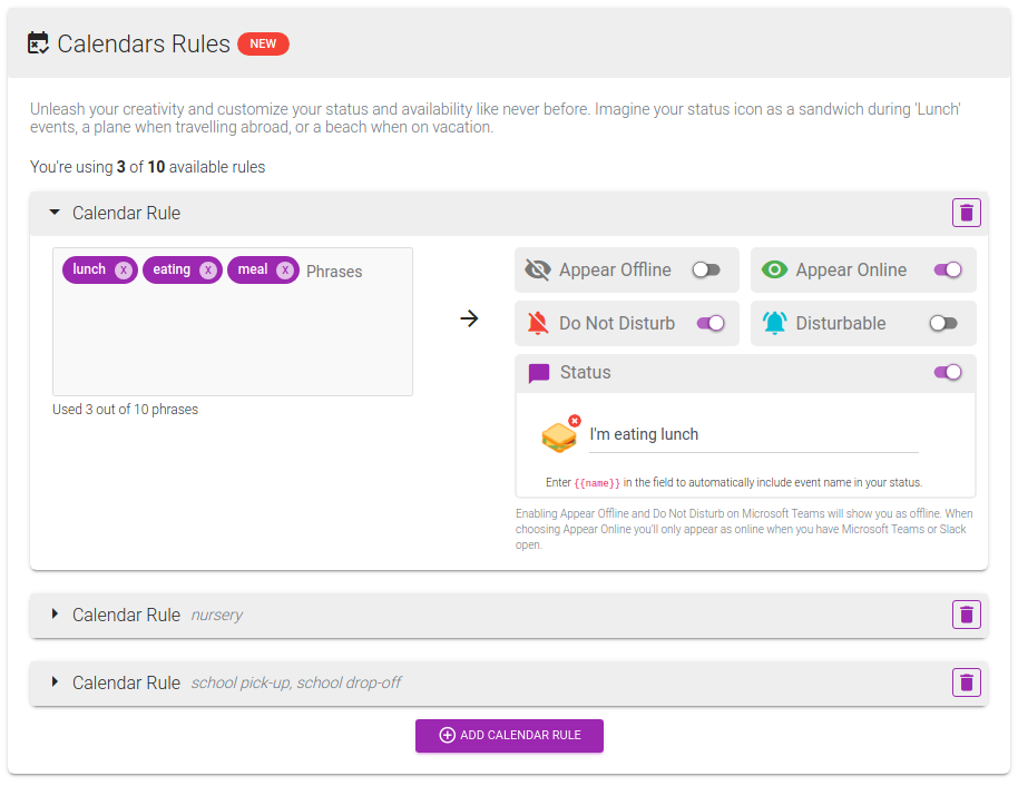 The new Calendar Rules section under your working hours