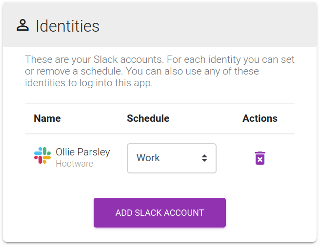 Screenshot of the dashboard identities panel